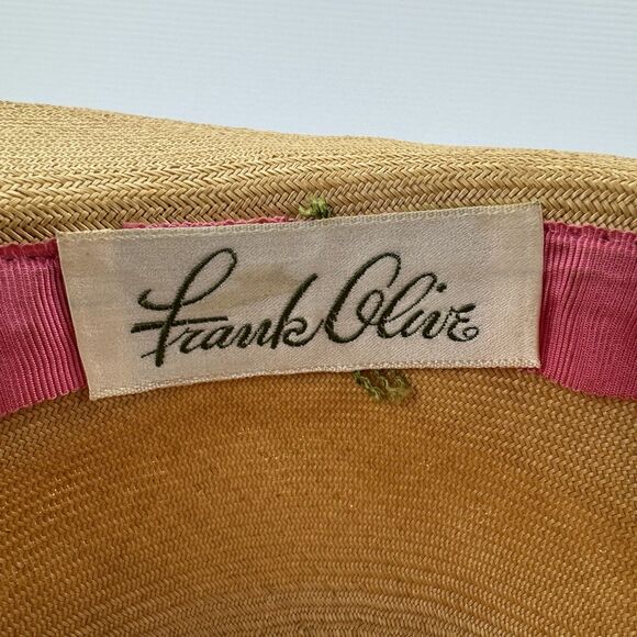 Vintage Frank Olive Straw Wide Brim Hat Floral Brooch Tan main image 11